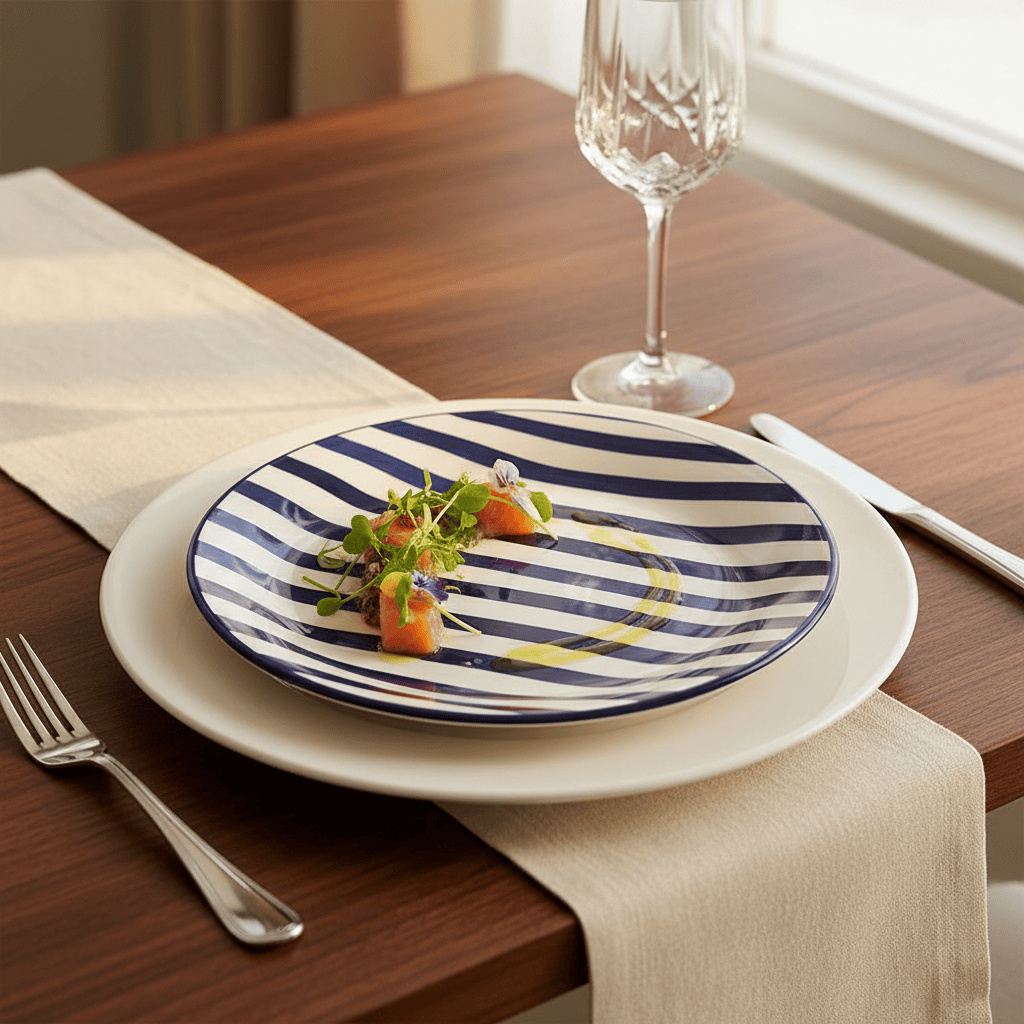 Assiette en porcelaine portugaise I Vaisselle du Portugal en ligne Assiette rayée "Costa Nova Mar" 20cm - Bleue