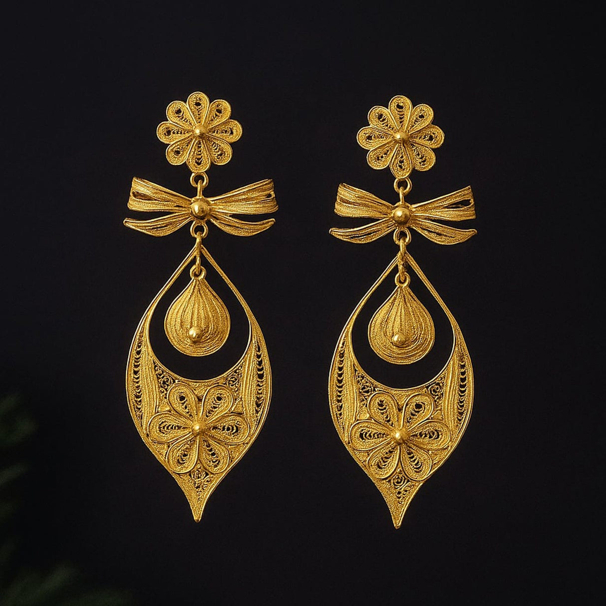Boucles d'oreille en filigrane d'argent doré I Vente de bijoux argent Brincos À Princesa I Boucles d'oreille en argent doré - 9cm