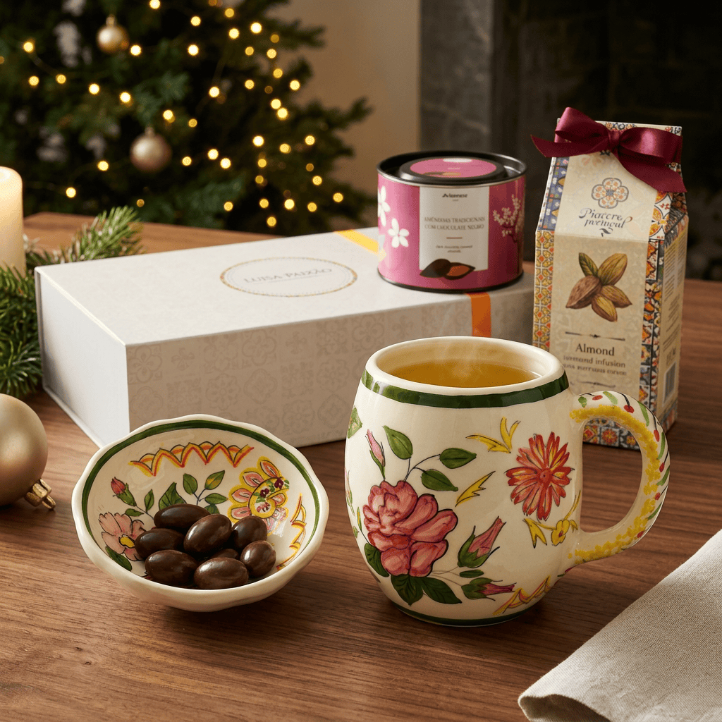 Coffret cadeau portugais – Amandes chocolatées, infusion & céramique artisanale Coffret cadeau "Viana"