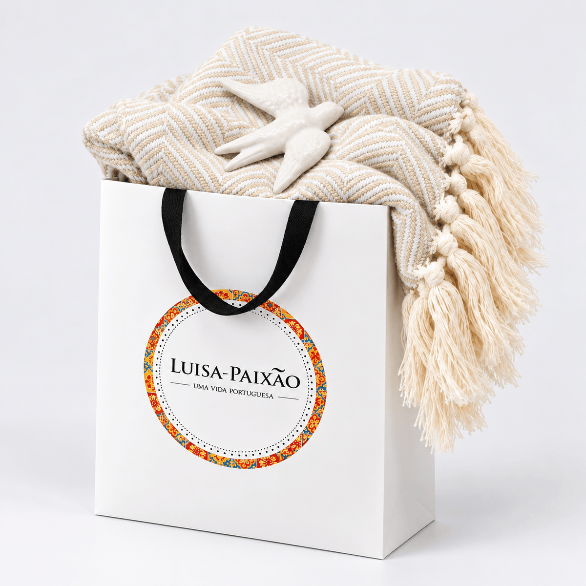 Coffret cadeau portugais plaid blanc & hirondelle en céramique Sac cadeau I Plaid à chevrons blanc et hirondelle assortie