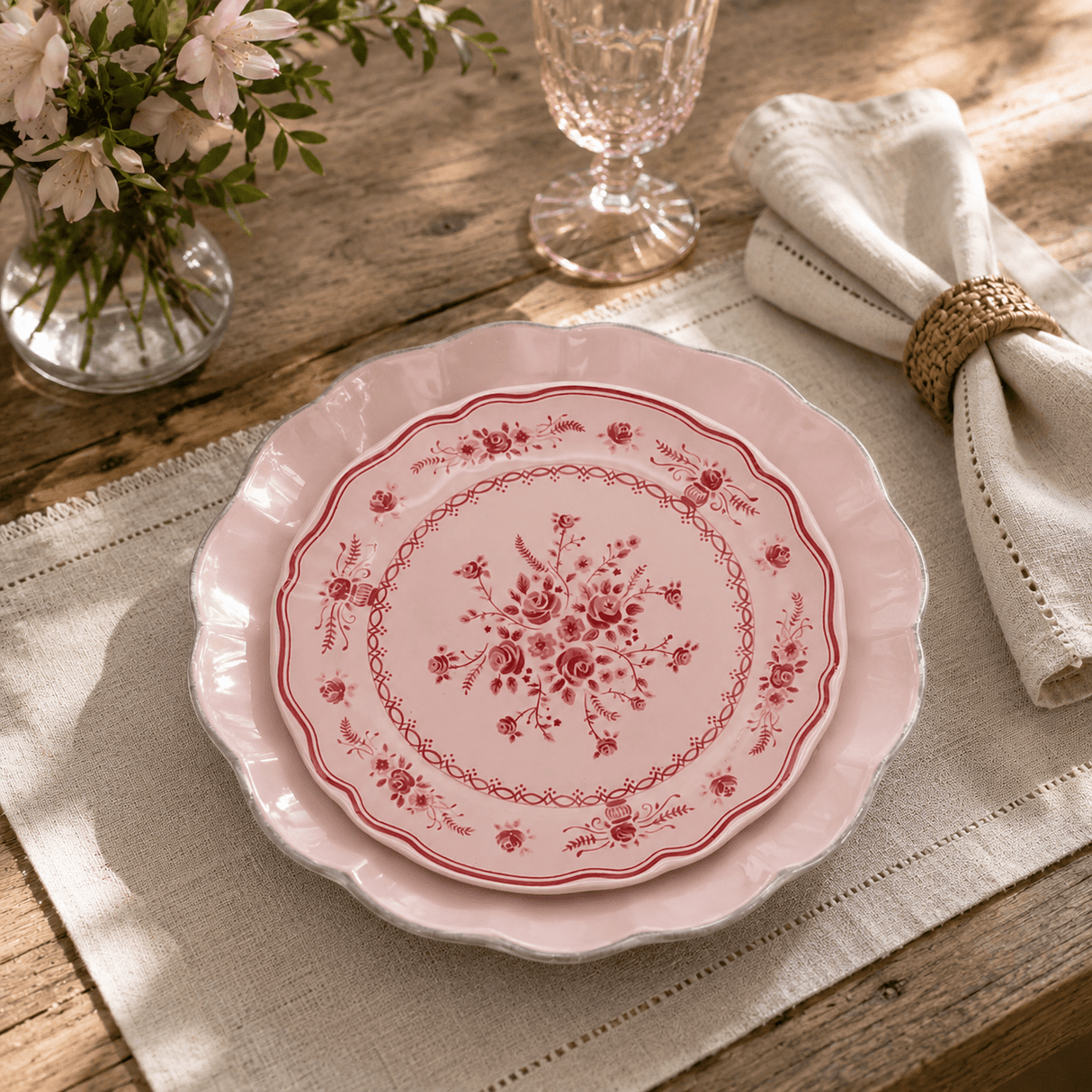 Duo d'Assiettes Rosa rose & Vila rose 21cm en Grès Fin | Harmonie Portugaise Duo d'Assiettes en Grès Fin "Rosa & Vila" - Rose & Rose 21cm