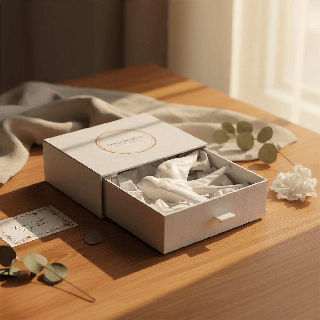 hirondelle en céramique stylisée et modernisée blanche, dans sa boîte cadeau Luisa Paixão. Coffret hirondelle stylisée - Blanc