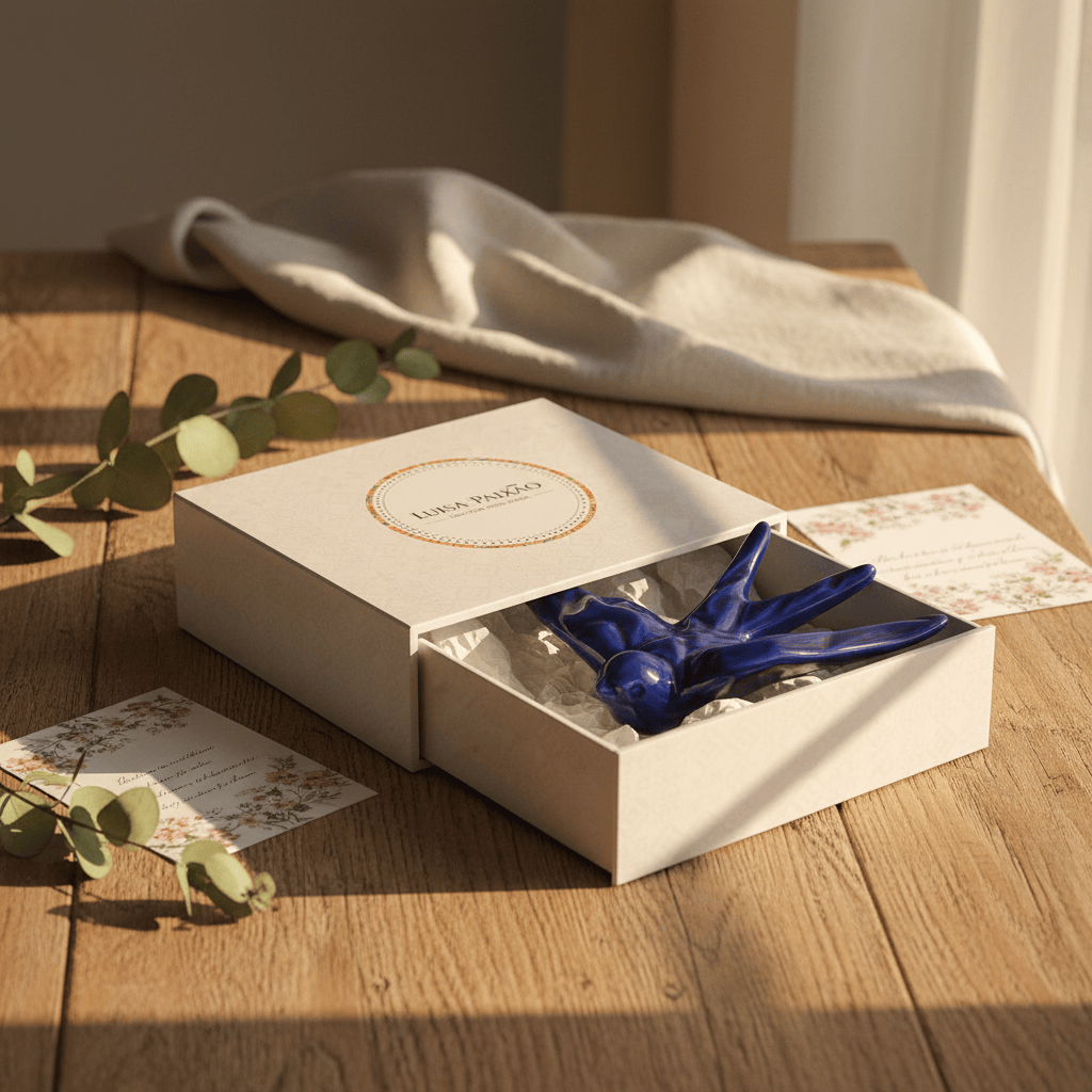 hirondelle en céramique stylisée et modernisée bleue cobalt, dans sa boîte cadeau Luisa Paixão. Coffret hirondelle stylisée - Bleu Cobalt