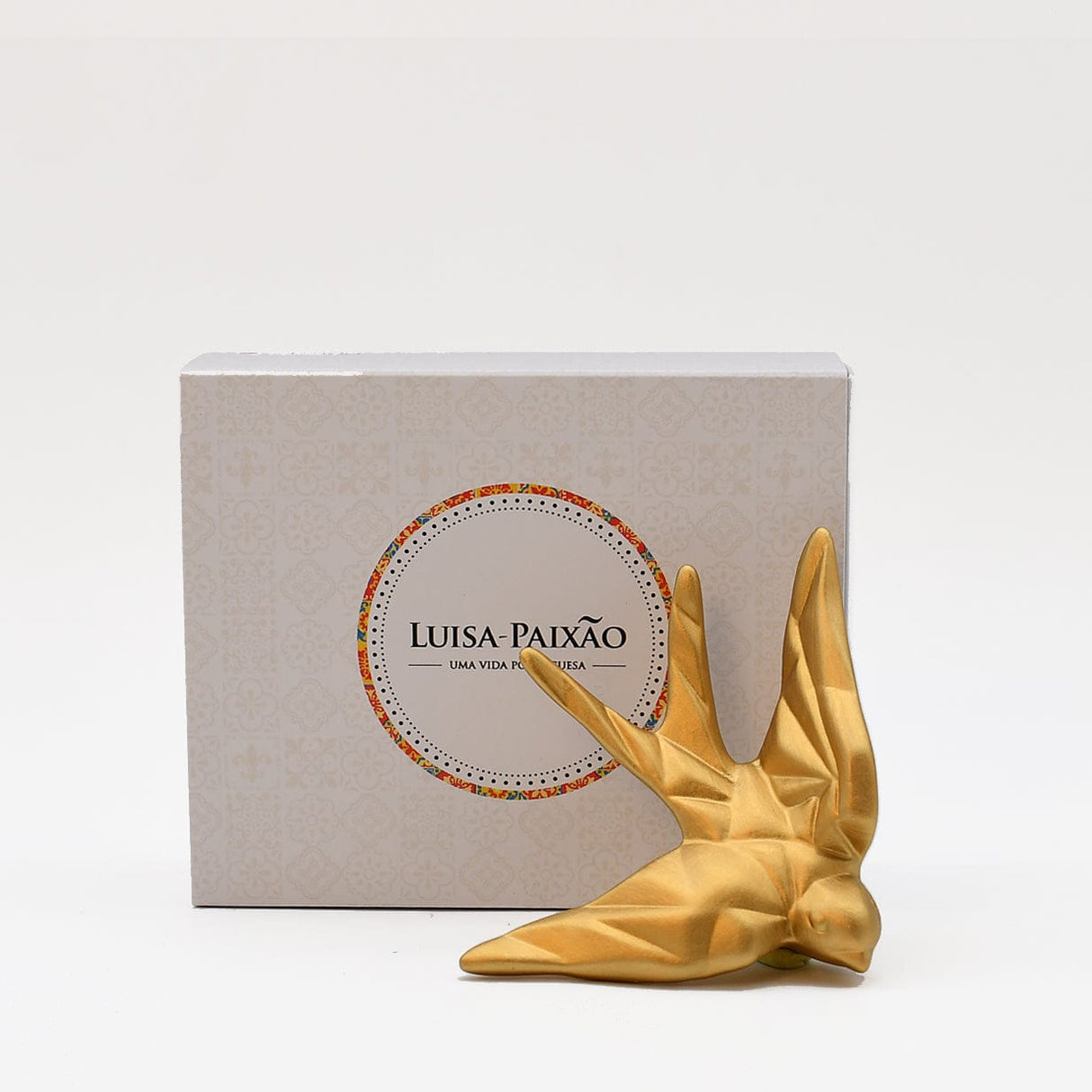 hirondelle en céramique stylisée et modernisée dorée, dans sa boîte cadeau Luisa Paixão. Coffret hirondelle stylisée - Doré