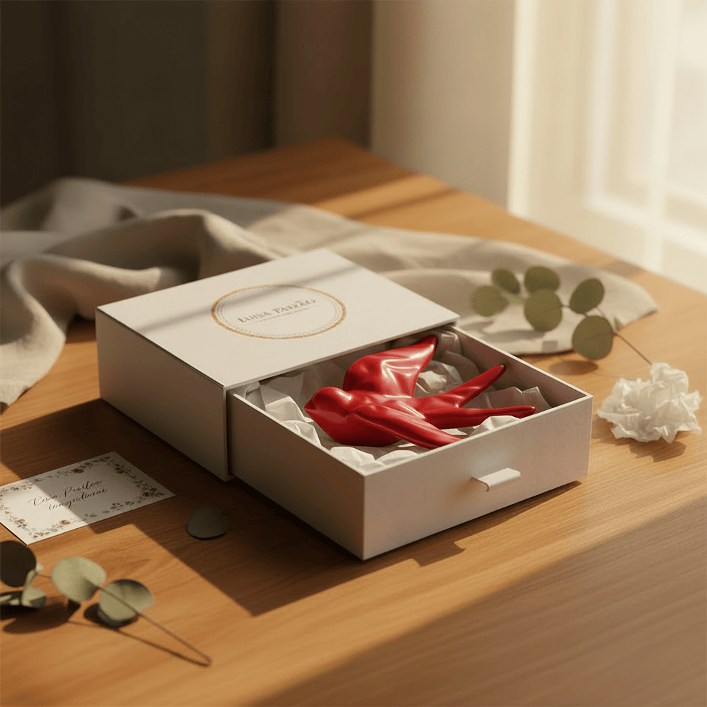 hirondelle en céramique stylisée et modernisée rouge brillant, dans sa boîte cadeau Luisa Paixão. Coffret hirondelle stylisée - Rouge