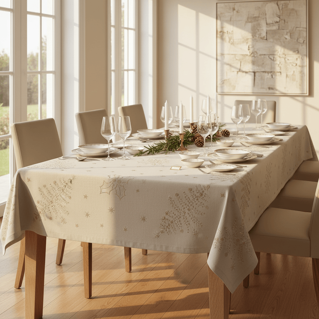 Nappe beige Festive Argentée – Élégance Portugaise & Entretien Facile Nappe en coton "Festas" - Beige