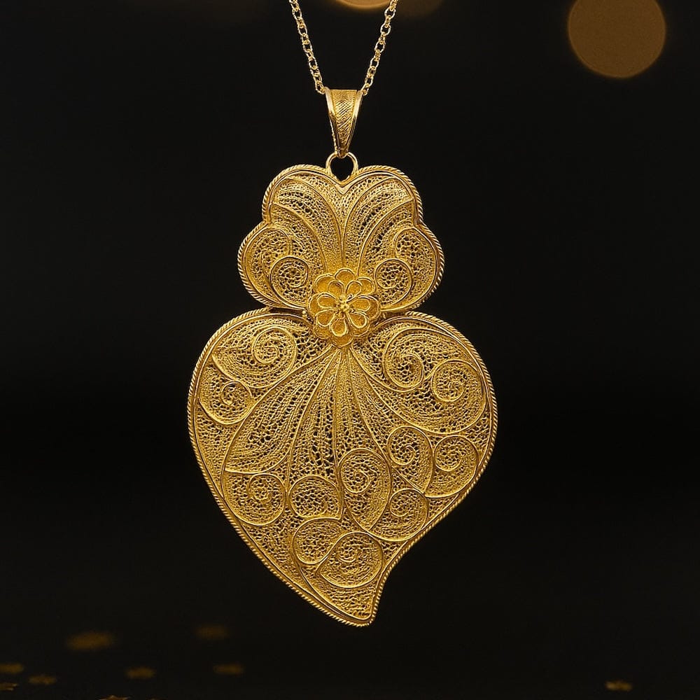 Pendentif Coeur de Viana en argent doré 11 cm I Vente bijoux argent Coração de Viana I Pendentif en argent doré - 11 cm