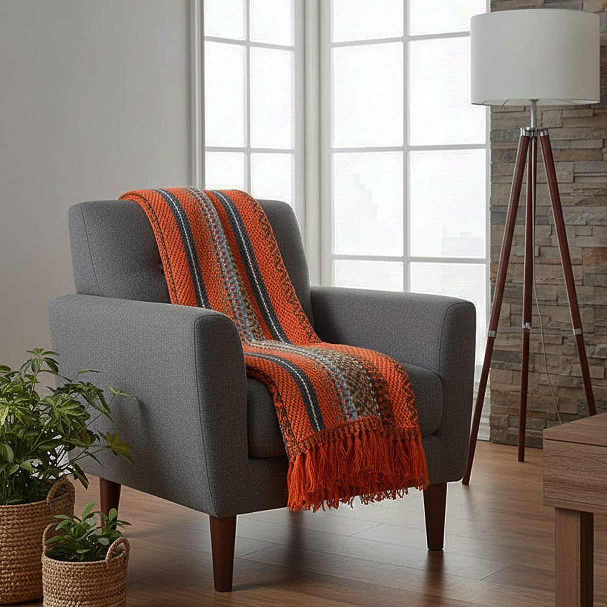 Plaid traditionnel portugais Orange Plaid traditionnel à frange "Manta de Mira de Aire" - Orange
