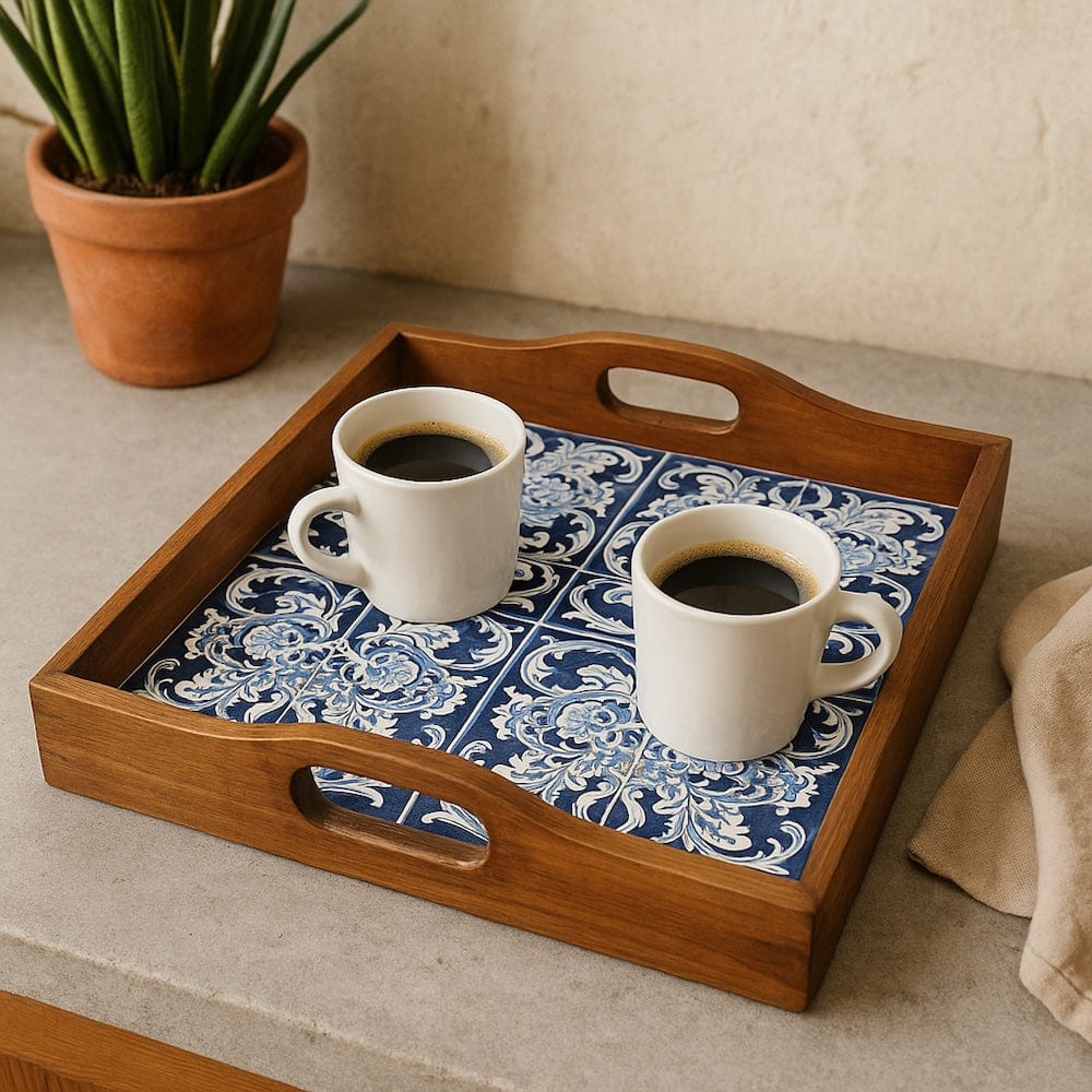 Plateau carré en bois avec Azulejos portugais – Artisanat traditionnel du Portugal Plateau carré "Azulejos"