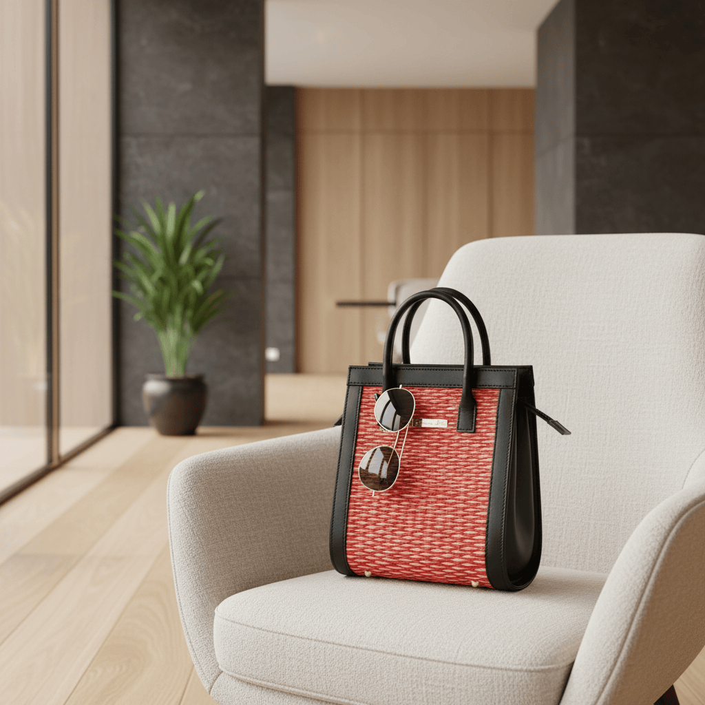 Sac à main en cuir et jonc rouge I Tendance portugaise Sac en cuir et jonc 26cm - Rouge & naturel