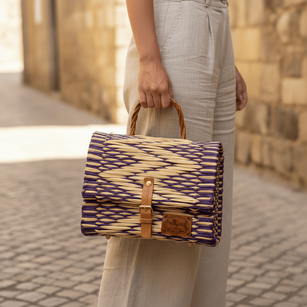 Sac cartable en jonc I Naturel et violet I Produit du Portugal Sac cartable en jonc 25cm - Violet & naturel