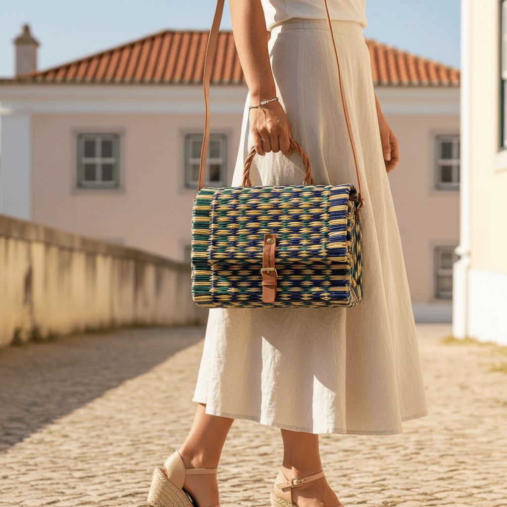 Sac cartable en jonc I Vert & Bleu I 25 cm I Produit du Portugal Sac cartable en jonc 25cm - Vert & Bleu