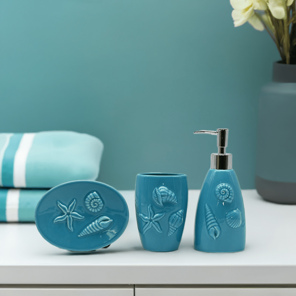 Set de salle de bains Turquoise I Distributeur + Gobelet + Porte savon Set de salle de bain en céramique - Turquoise