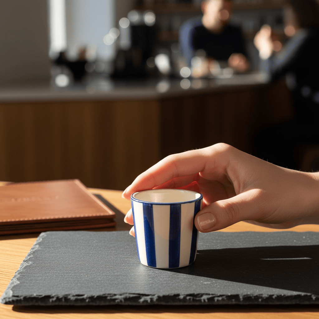Tasse espresso Costa Nova artisanale bleue peinte main Tasse à espresso rayée "Costa Nova Mar" - Bleu
