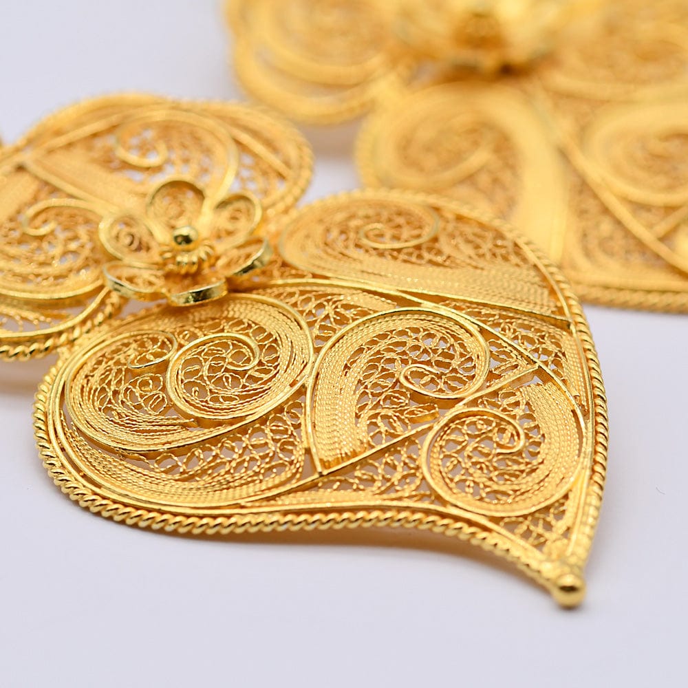 Boucles d'oreille Coeur de Viana en filigrane d'argent doré 6,5cm Coração de Viana I Boucles d'oreille en argent doré - 6.5cm