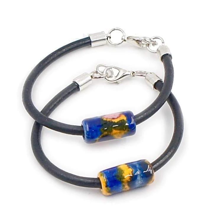 Ceramic Bracelet on leather: Deep-blue and Yellow