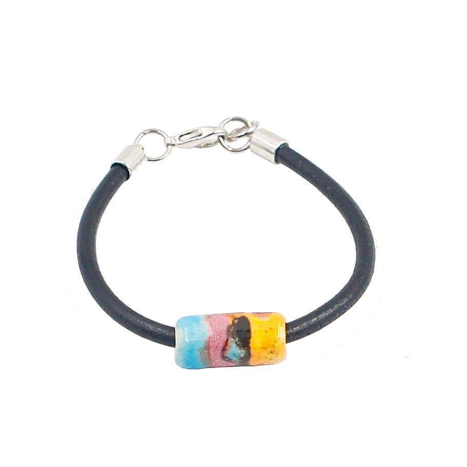 Ceramic bracelet on leather : Turqoise-blue, pink and yellow
