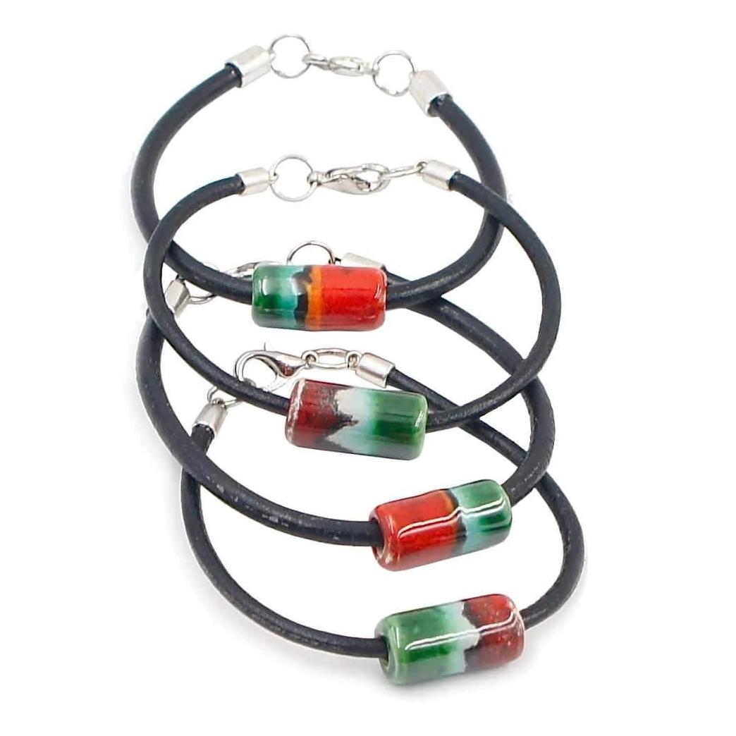 Ceramic Bracelet on leather: Green and Red