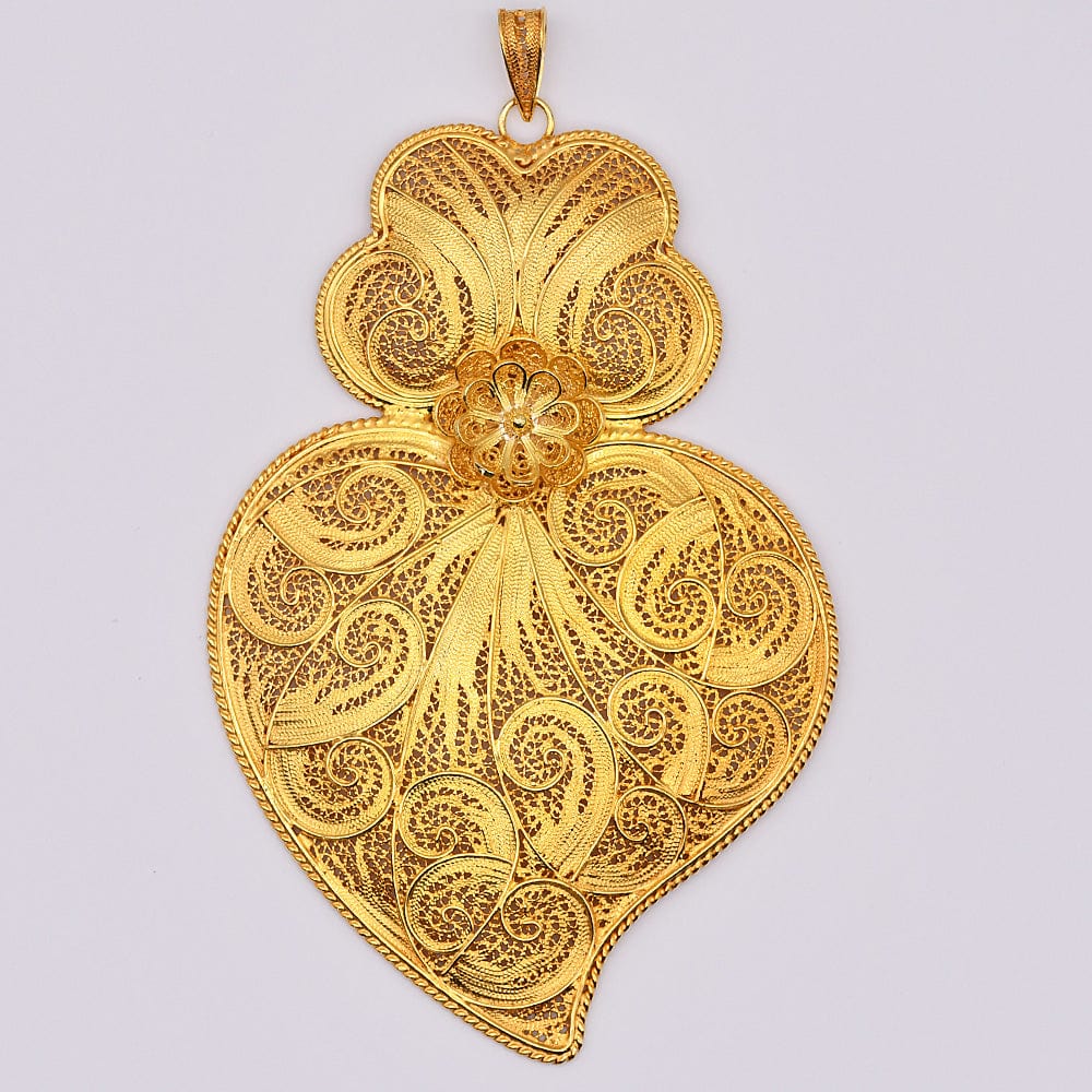 Pendentif Coeur de Viana en argent doré 11 cm I Vente bijoux argent Coração de Viana I Pendentif en argent doré - 11 cm