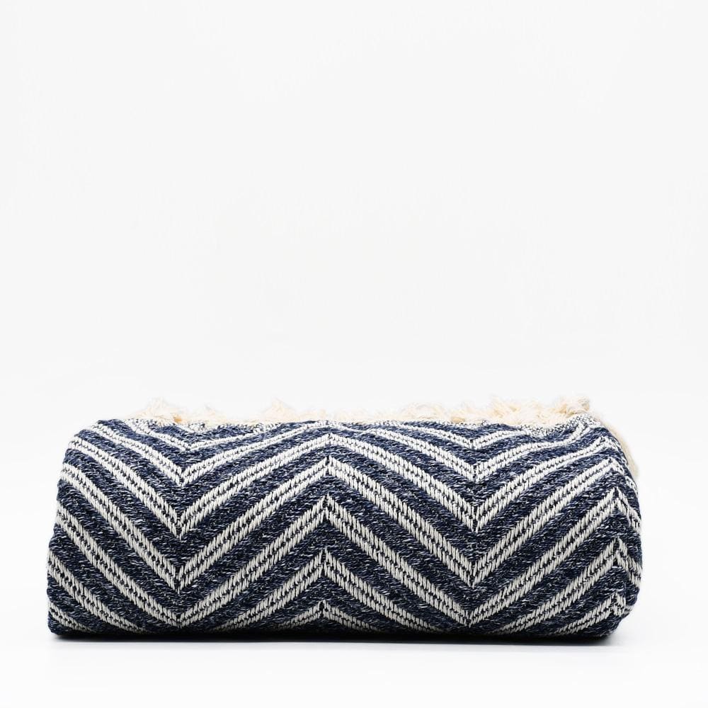 Plaid à franges en coton motifs chevrons bleu denim Plaid "chevrons" à franges en coton 200X135 - Bleu denim