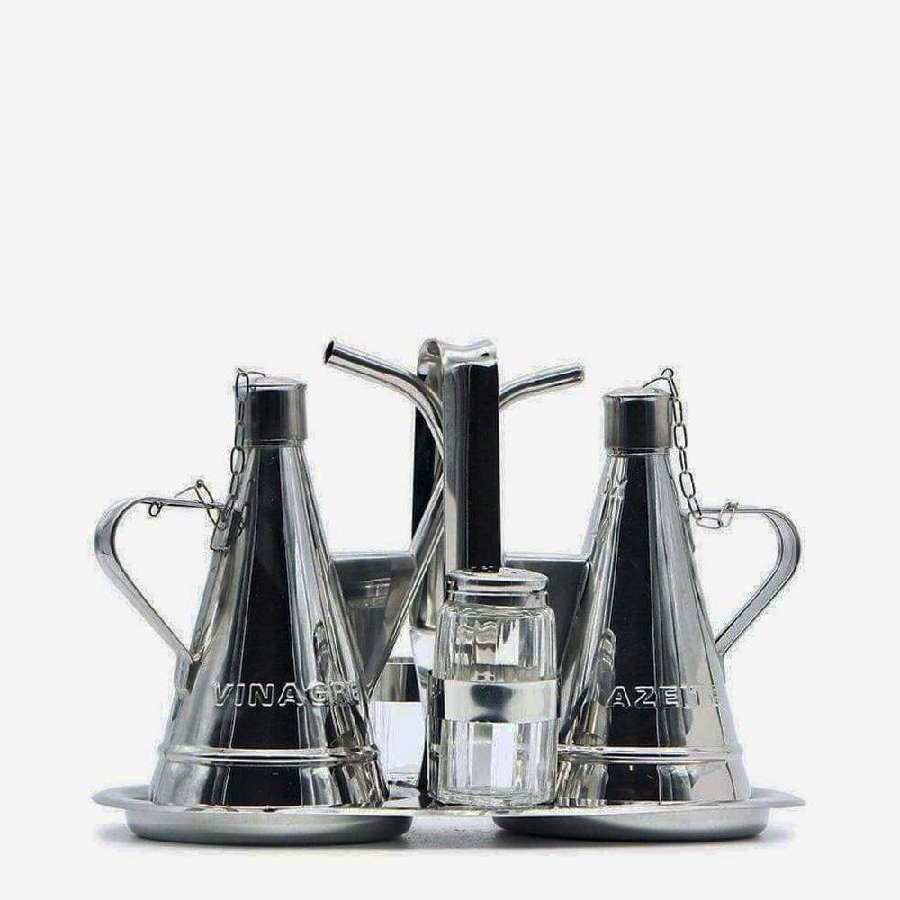 Stainless steel oil, vinegar, salt and pepper cruet set