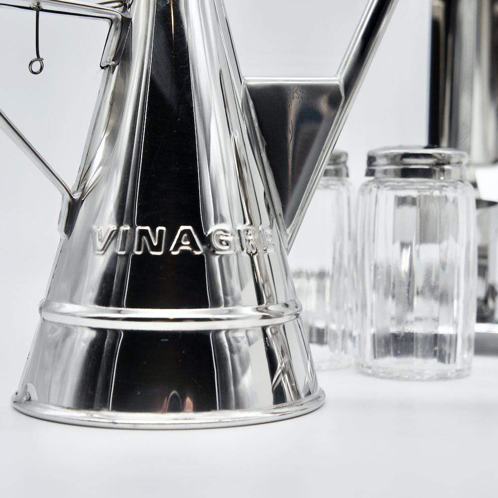 Présentoir à huile, vinaigre, sel et poivre en inox