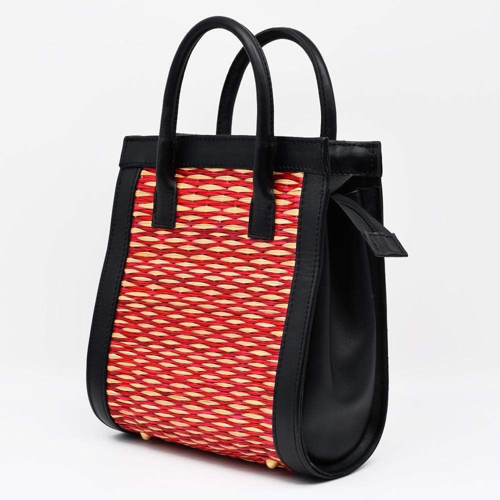 Sac en cuir et jonc 26cm - Rouge & naturel