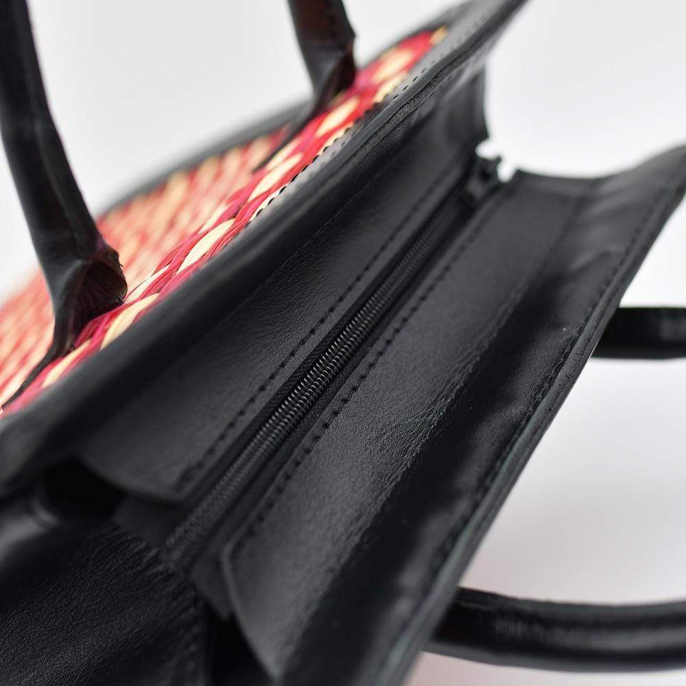 Sac en cuir et jonc 26cm - Rouge & naturel