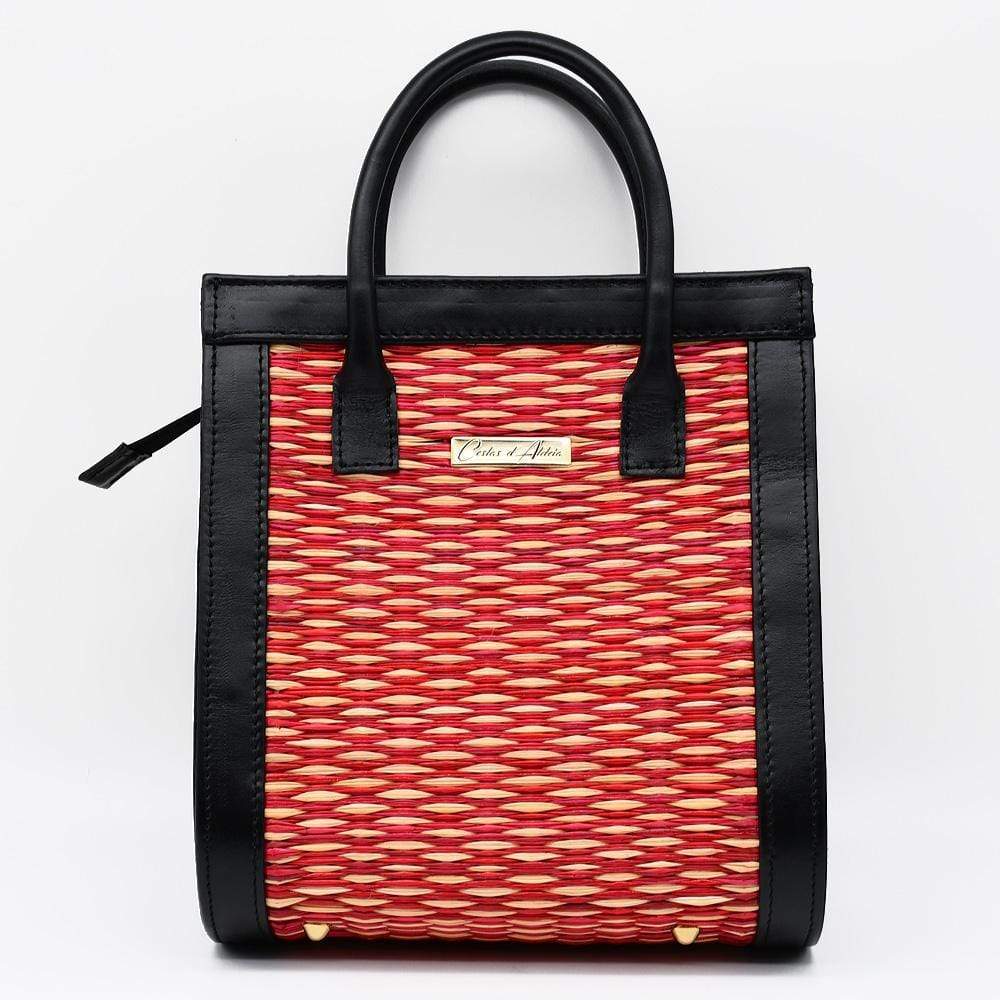 Sac en cuir et jonc 26cm - Rouge & naturel