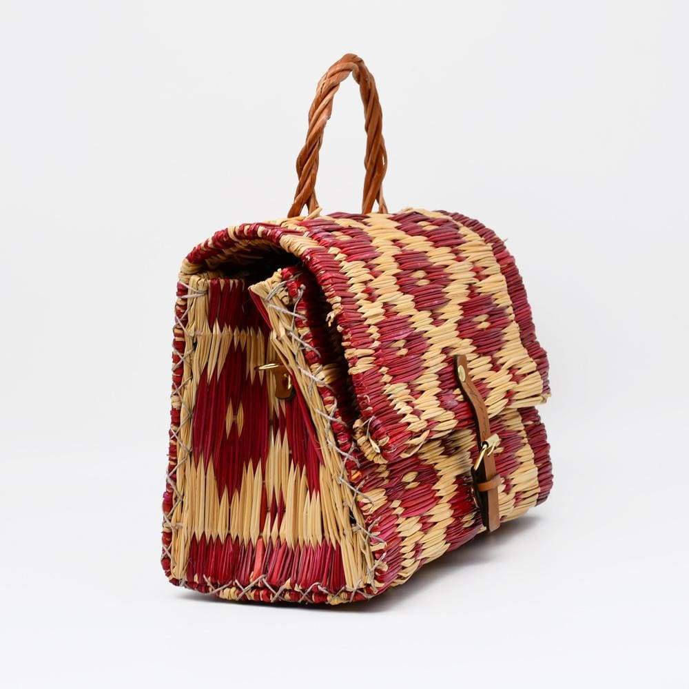 Reed Satchel Bag - 25cm - Dark red & natural