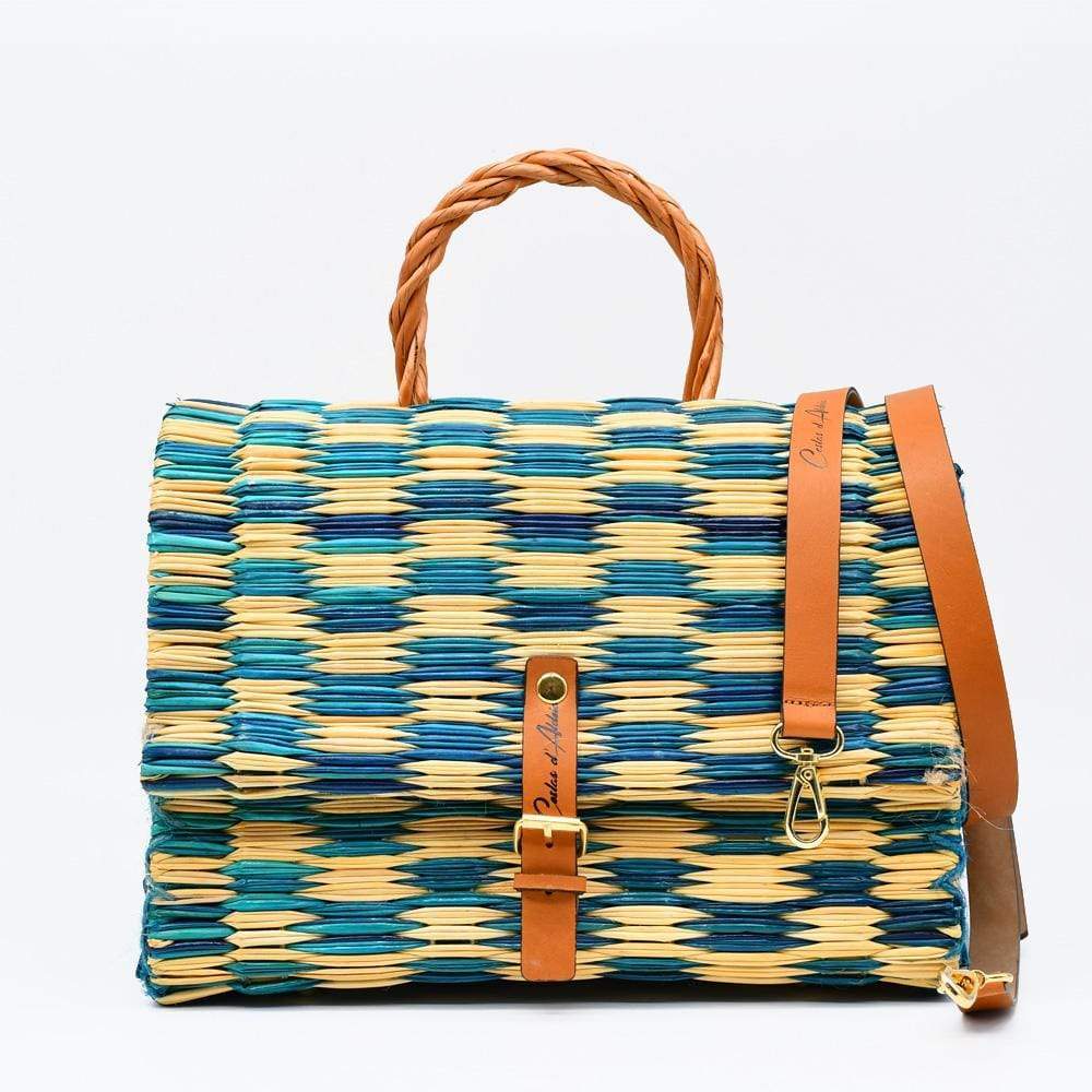 Reed Satchel Bag - 30cm - Turquoise & Natural