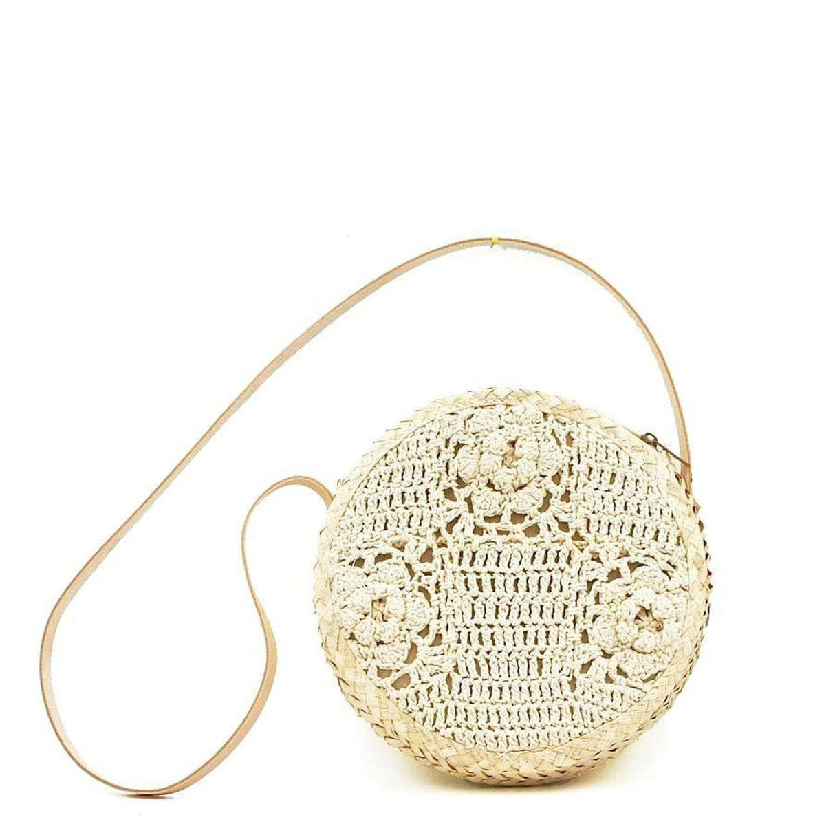 Round bag in woven straw and crochet - 25 cm