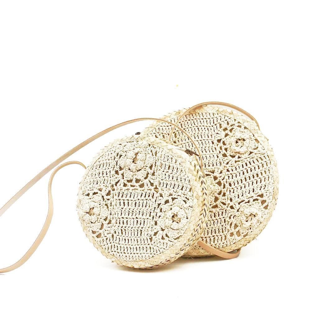 Round bag in woven straw and crochet - 25 cm