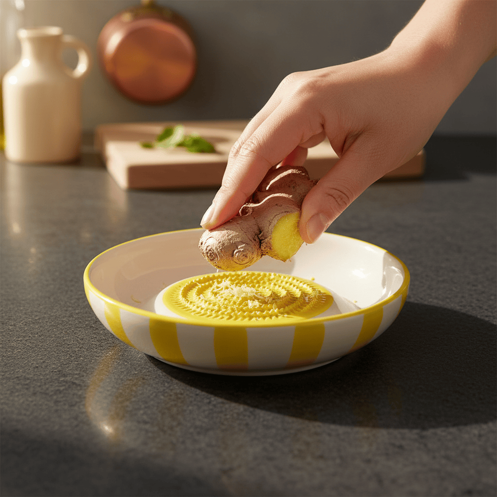 Assiette à râper artisanale portugaise en céramique jaune & blanc Assiette à râper rayée "Costa Nova Mar" - Jaune