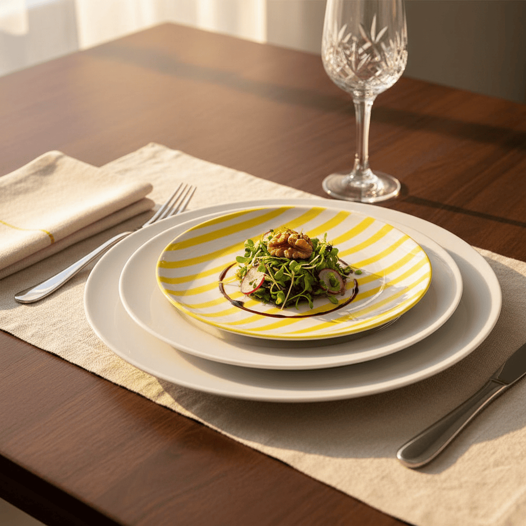 Assiette en porcelaine portugaise I Vaisselle du Portugal en ligne Assiette rayée "Costa Nova Mar" 20cm - Jaune