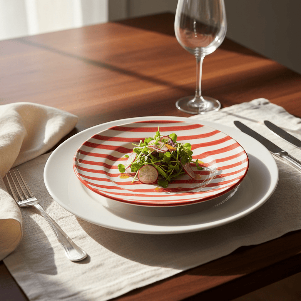 Assiette en porcelaine portugaise I Vaisselle du Portugal en ligne Assiette rayée "Costa Nova Mar" 20cm - Rouge