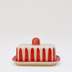 Beurrier en céramique rayé rouge et blanc Beurrier rayé "Costa Nova Mar" - Rouge