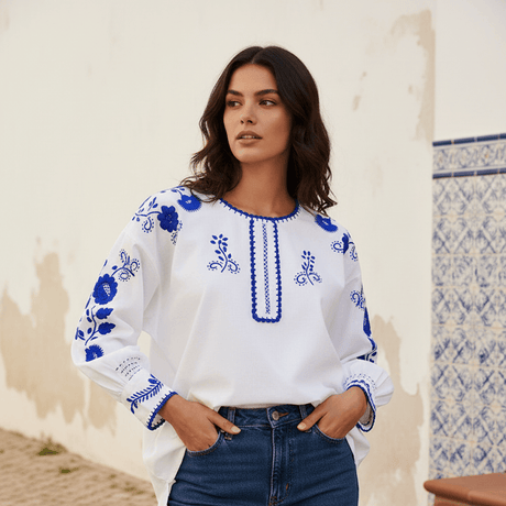 Blouse blanche brodée main au Portugal – Broderie artisanale Blouse brodée 'Viana"