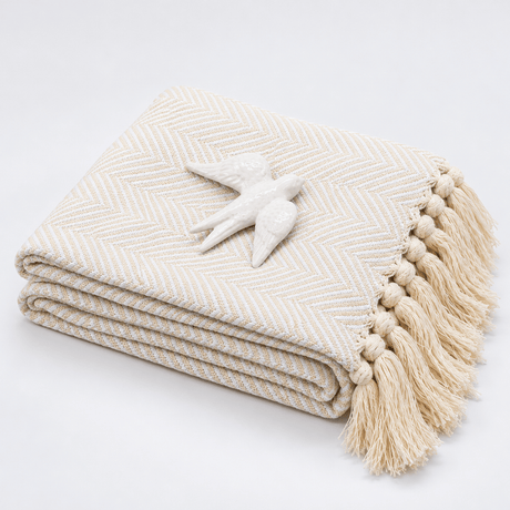 Coffret cadeau portugais plaid blanc & hirondelle en céramique Sac cadeau I Plaid à chevrons blanc et hirondelle assortie