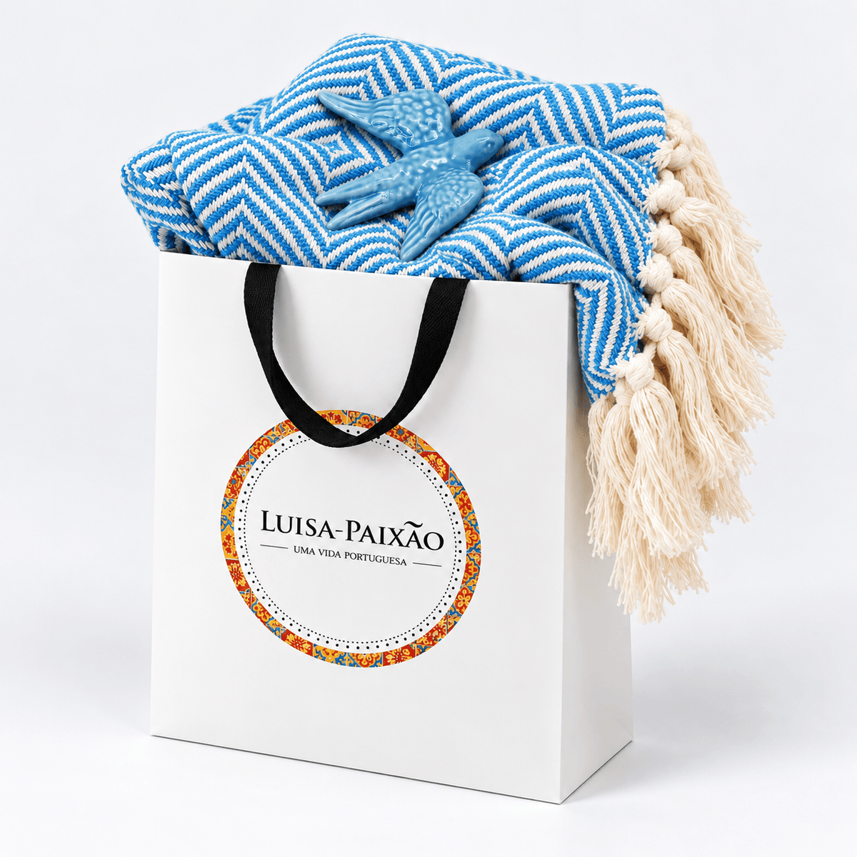 Coffret cadeau portugais plaid turquoise & hirondelle en céramique Sac cadeau I Plaid à chevrons turquoise et hirondelle assortie