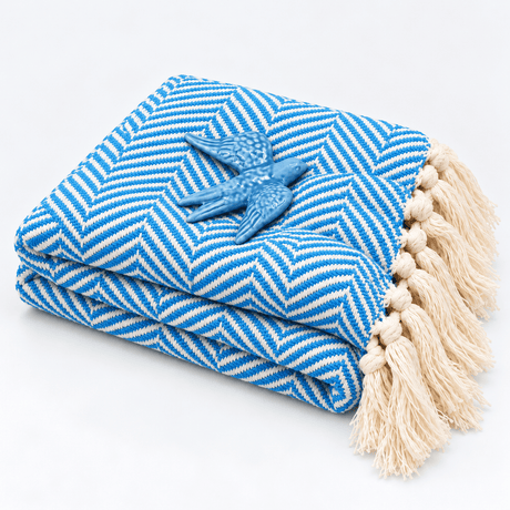 Coffret cadeau portugais plaid turquoise & hirondelle en céramique Sac cadeau I Plaid à chevrons turquoise et hirondelle assortie