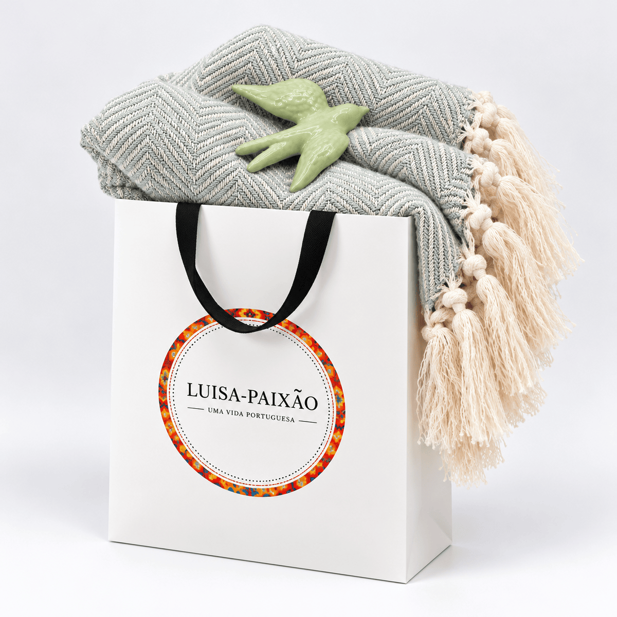 Coffret cadeau portugais plaid vert & hirondelle en céramique Sac cadeau I Plaid à chevrons vert et hirondelle assortie