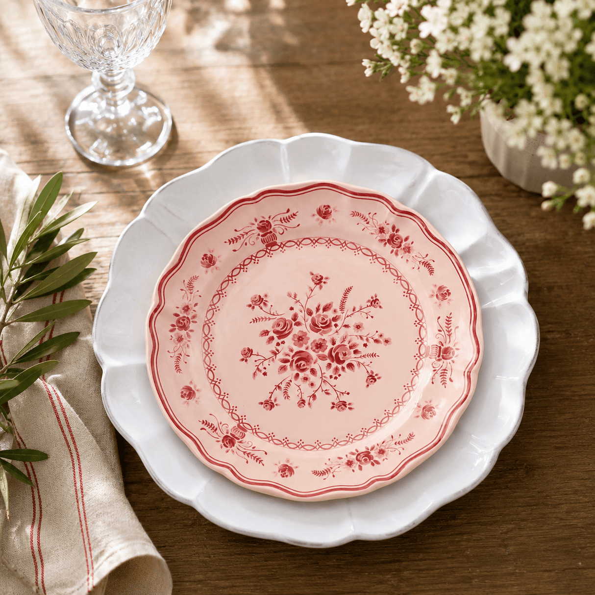 Duo d'Assiettes blanche Rosa & Vila 21cm rose en Grès Fin | Harmonie Portugaise Duo d'Assiettes en Grès Fin "Rosa & Vila" - Blanc & Rose 21cm