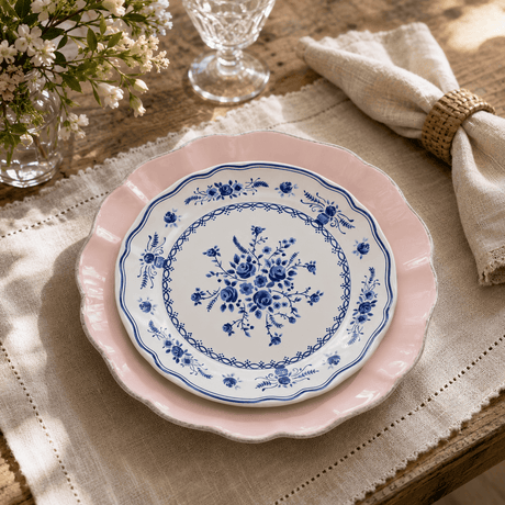 Duo d'Assiettes roses Rosa & Vila 21cm en Grès Fin | Harmonie Portugaise Duo d'Assiettes en Grès Fin "Rosa & Vila" - Rose & Blanc 21cm