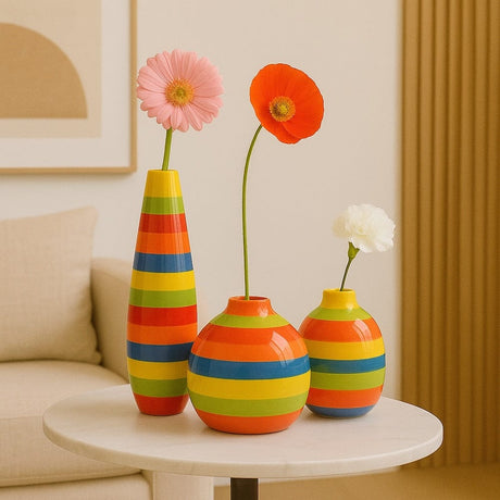Ensemble de 3 soliflores multicolores faits main Ensemble de 3 vases rayés multicolores