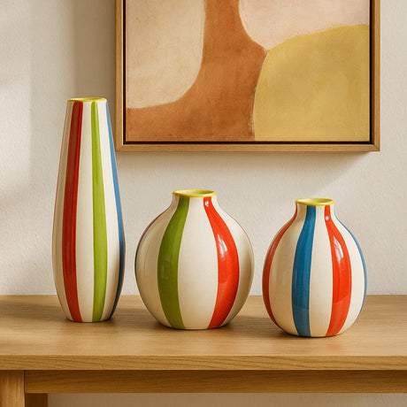 Ensemble de 3 soliflores multicolores I Vases en céramique du Portugal Ensemble de 3 vases rayés multicolores