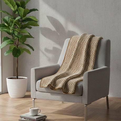 Grand plaid en coton blanc et camel tissé au Portugal Plaid en coton "Hexa" - Camel