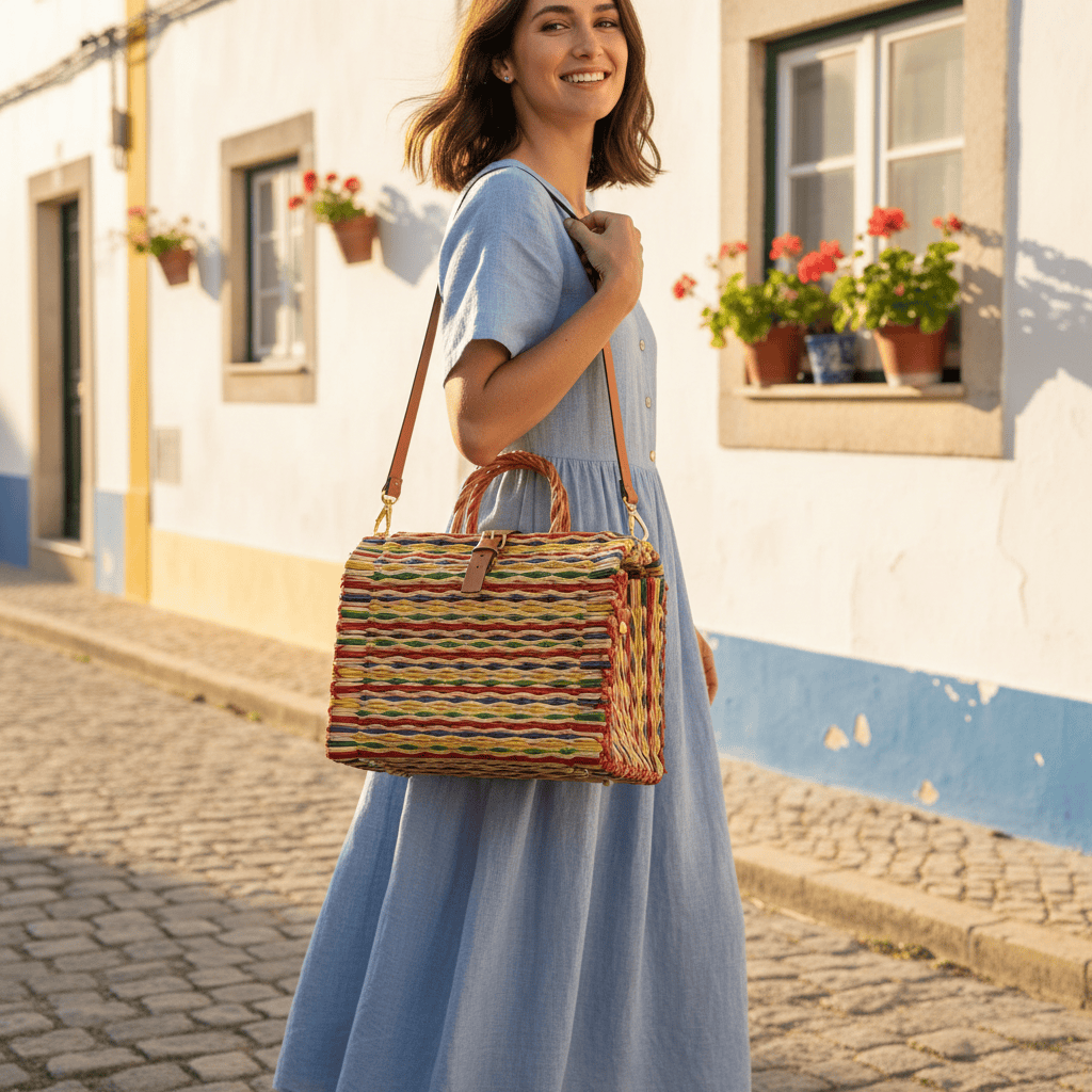 Grand Sac cabas en jonc multicolore 30cm - Produit portugais Sac cabas en jonc 30cm - Multicolore