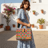 Grand sac cabas en jonc multicolore - Produit portugais Sac cabas en jonc 30cm - Multicolore