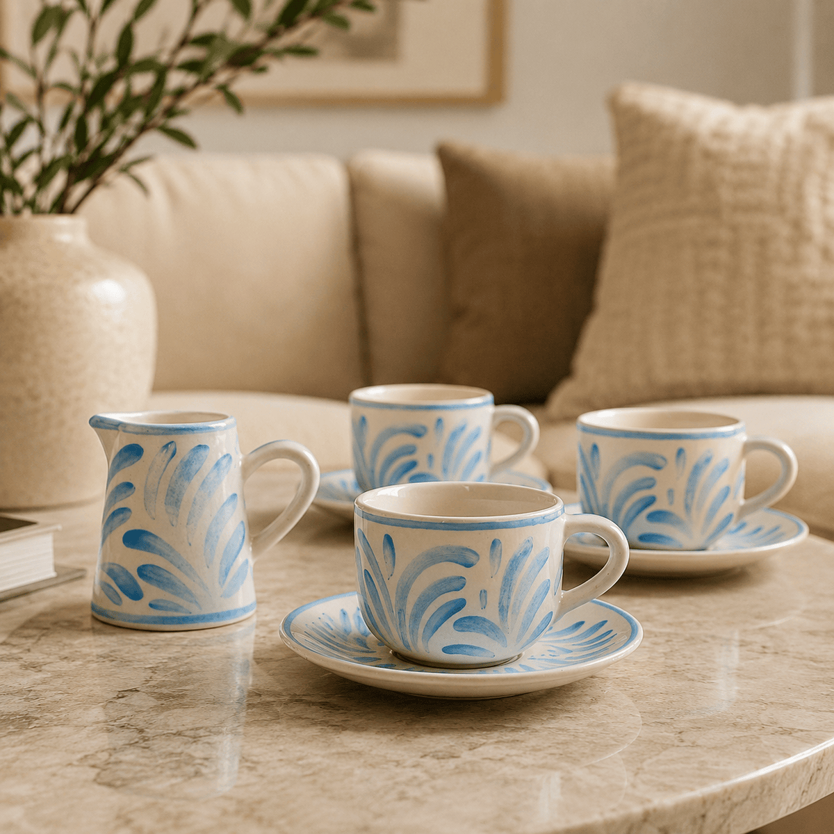 Grande tasse et sous-tasse en céramique portugaise turquoise Grande tasse et sous-tasse en céramique "Andorinha" - Turquoise